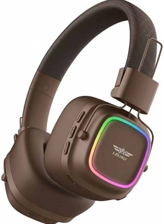 LS-258 Wireless Bluetooth 5.4 Over-Ear Headphones with Type-C Charging, LED Lights, Stereo Sound (Brown) - Image 1